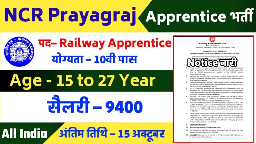 North Central Railway Prayagraj Apprentice Recruitment 2024 Notification Apply Online For 1679 Post