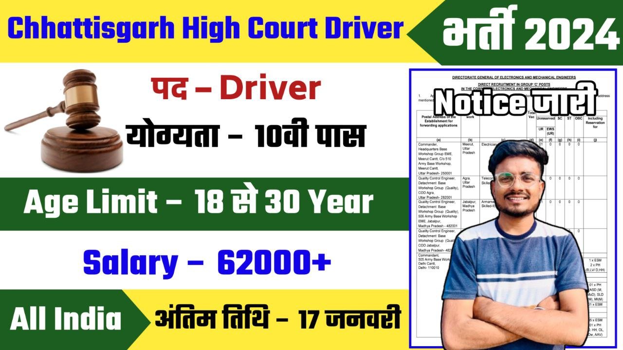 Chhattisgarh High Court Driver Recruitment 2024 Notification Out - Apply Offline