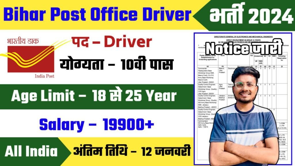 Bihar Post Office Driver Recruitment 2024 Notification Out - Apply Offline